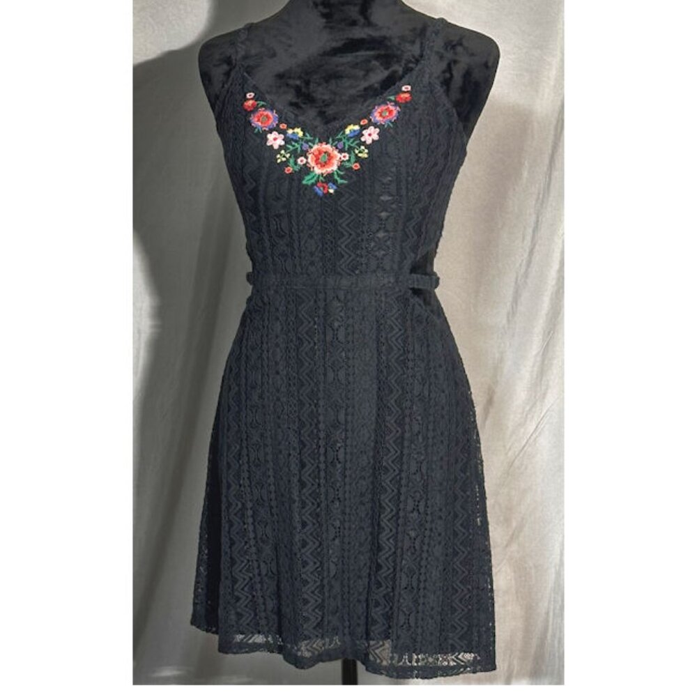 Hollister Black Knitted Tank Dress with Embroidered Bodice, Lined, Size Small